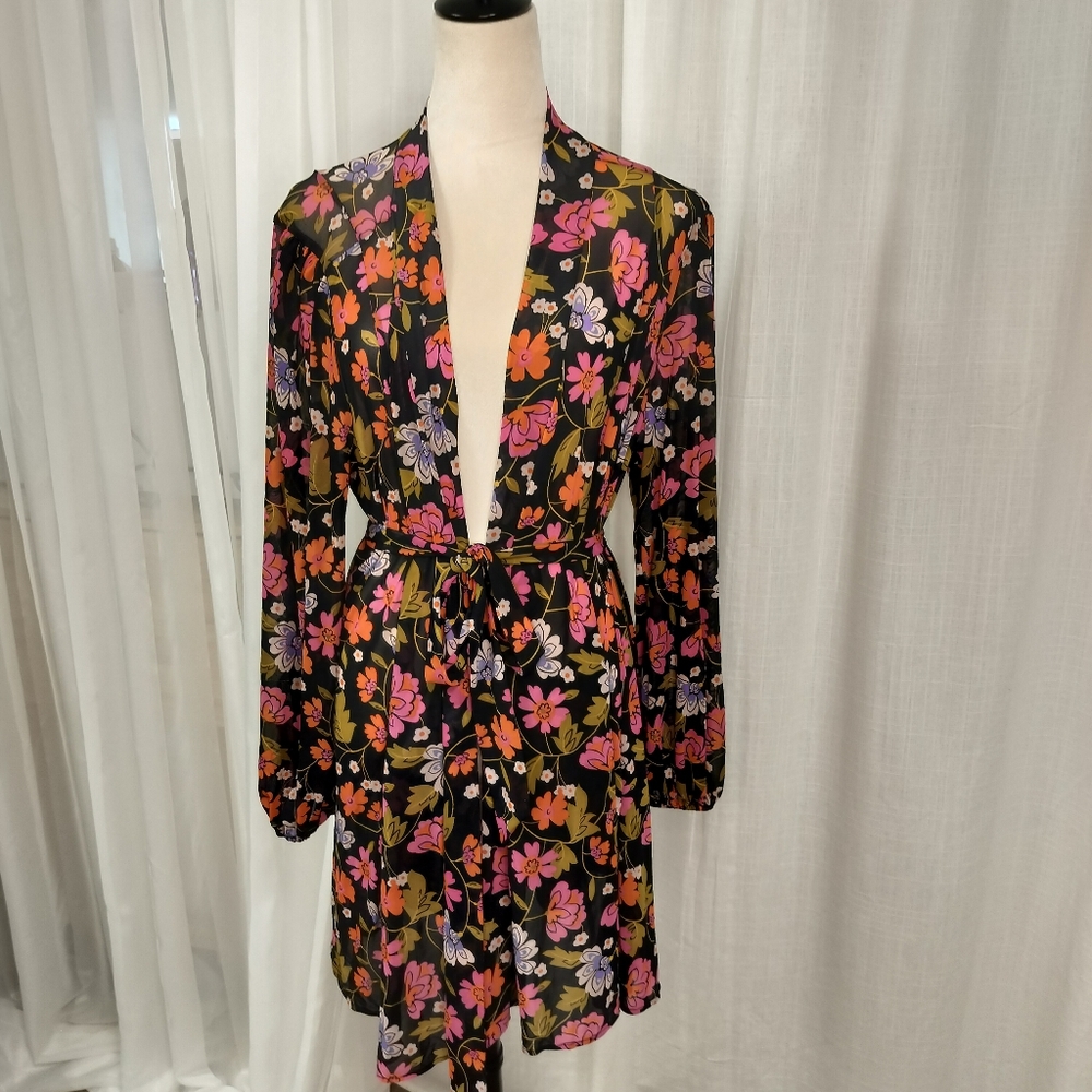 CAbi Floral Mingle Mesh Tie Kimono Top Cover Up Womens Size XL Blouson Sleeve 62